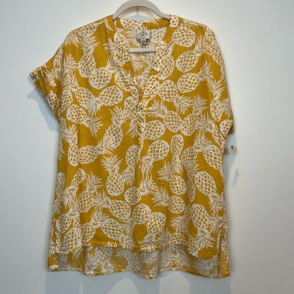 St. John's Bay Yellow Pineapple Linen Blend Lagenlook Popover Blouse NWT SZ Med - Picture 1 of 11